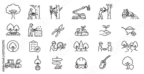 Tree Service and Arborist Line Art Icon Set with Tree Care, Pruning, Removal and Forestry Equipment