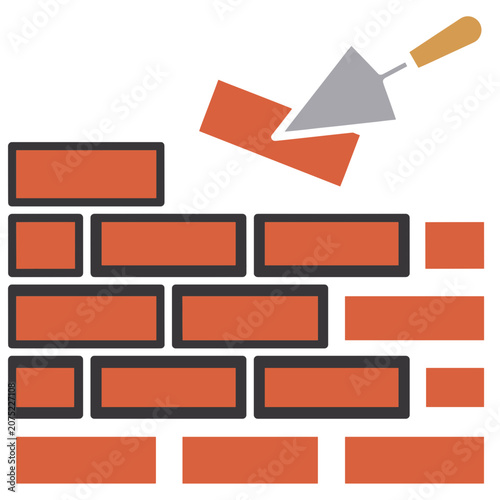 Flat vector illustration of brick wall with trowel and mortar