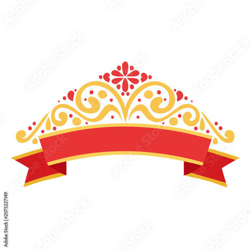 Golden Tiara Crown with Red Ribbon and Floral Design