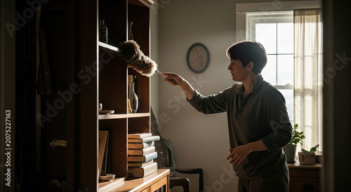 Person cleaning dust from bookshelf with duster at home.