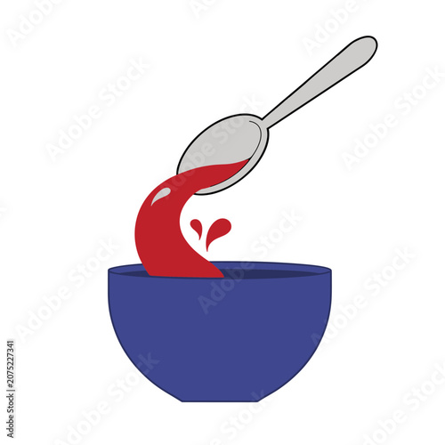 Spoon pouring red sauce into blue bowl, flat vector illustration
