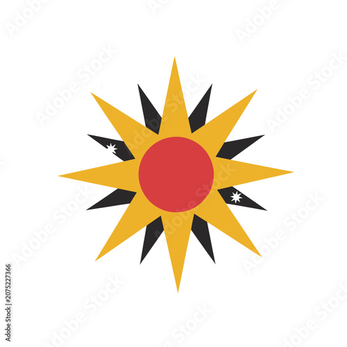 Yellow and red sunburst symbol with black rays