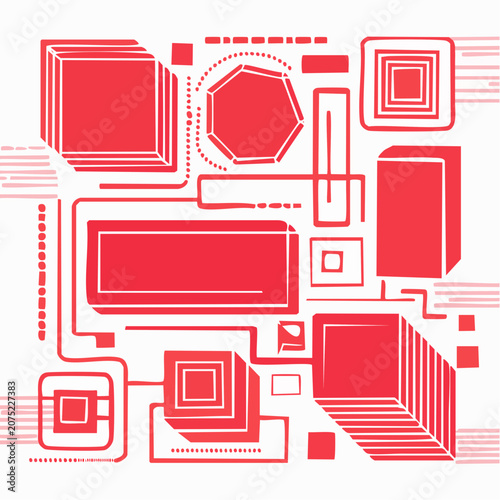 Abstract Red Geometric Shapes and Lines on White Background