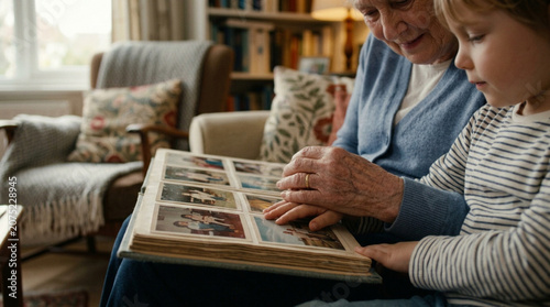 Grandmother and grandson looking through old photo album together at home