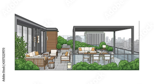 Foto Luxury rooftop terrace with seating area and city view
