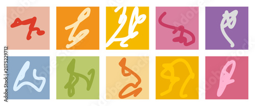 Set of ten colorful abstract handdrawn scribbles in square frames