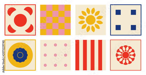 Set of eight colorful geometric pattern tiles