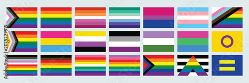 LGBTQIA+ Pride flags vector set. Pride identity flags Vector collection with progress pride, lesbian, gay, bisexual, transgender and more. Vector illustration