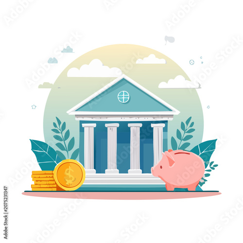 Flat vector illustration of a bank building with piggy bank and coins