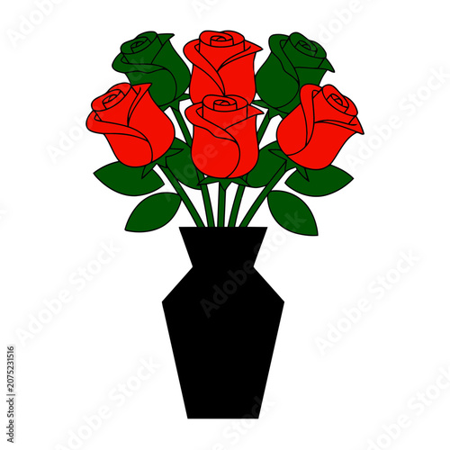 Red Roses in Black Vase Flat Vector Illustration