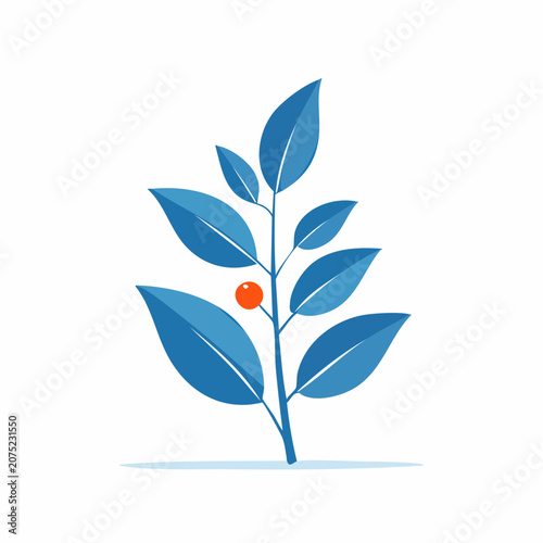 Stylized blue plant branch with single red berry