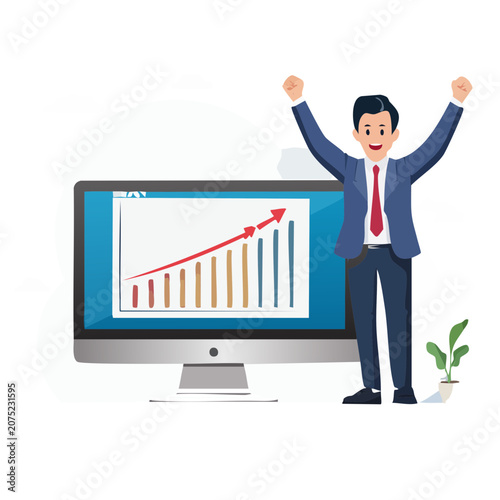 Businessman celebrating success with growth chart on computer