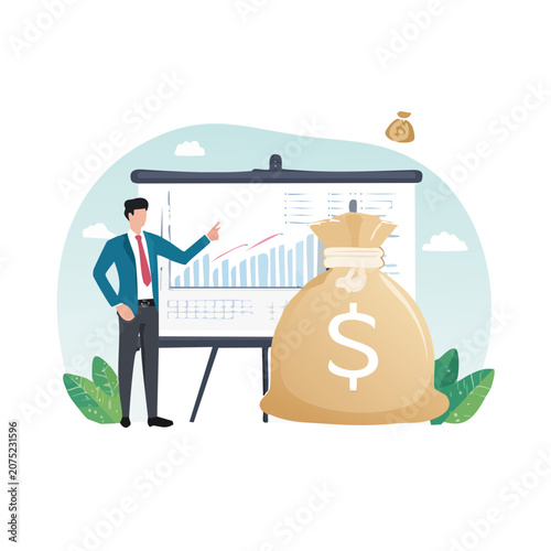 Businessman presenting financial growth chart with money bag
