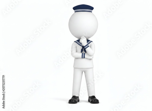 3D white character in sailor uniform standing with arms crossed.