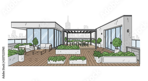 Foto Contemporary rooftop terrace with lounge seating and urban garden