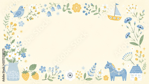 北欧風デザインの花フレーム飾りイラスト