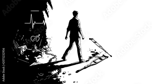 man walking away from destruction