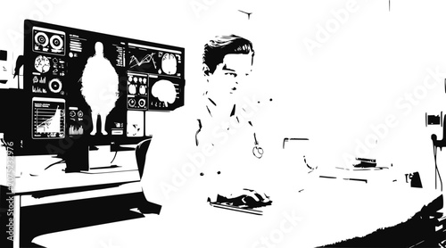 man working on computer in black and white
