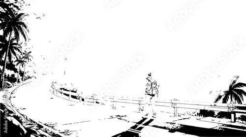 man walking on bridge with palm trees