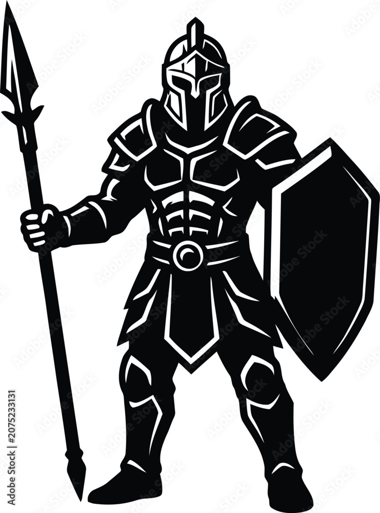 Fototapeta premium A bold vector rendering featuring an ancient spartan warrior standing firmly with his spear and heavy shield.