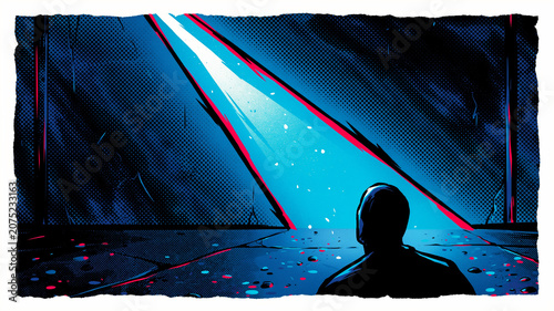 Dramatic Night Scene with Bright Laser Beams and Silhouette