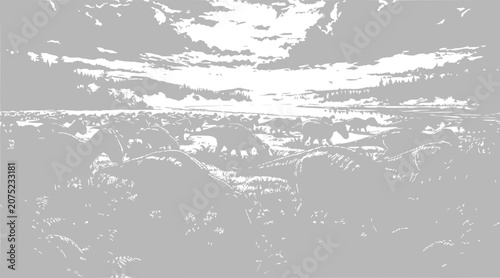 monochrome landscape, cloudy sky