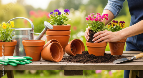 Person potting colorful spring flowers in terracotta pots.