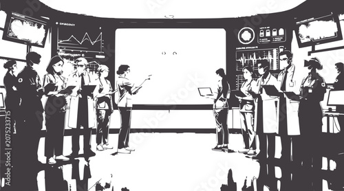 people in lab coats standing around a presentation