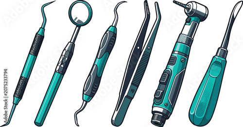 Slika na platnu Professional Dental Instruments Equipment Set with Mouth Mirror Scaler Tweezers