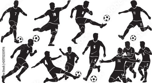 Photos Soccer players in action silhouettes during a game on a white background conveyi