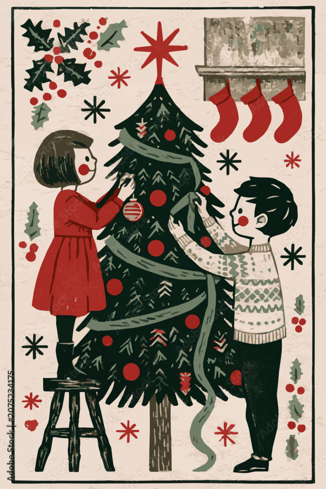 Fototapeta premium Vintage linocut style illustration of cute children decorating a Christmas tree with ornaments and star