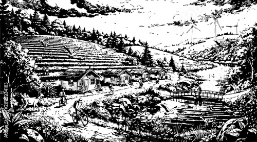 vintage farm landscape with fields and river