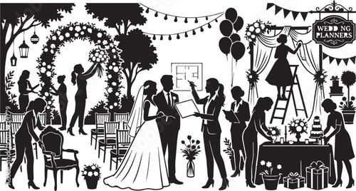 Foto Wedding planners orchestrating a romantic outdoor ceremony with floral arch and
