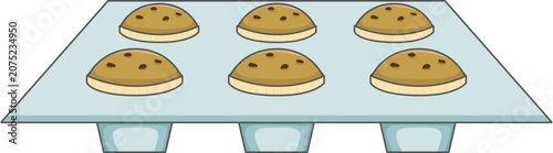 Cartoon Illustration of Six Chocolate Muffin on Blue Muffin Tray
