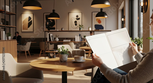 Person reading newspaper in modern bright cafe interior.