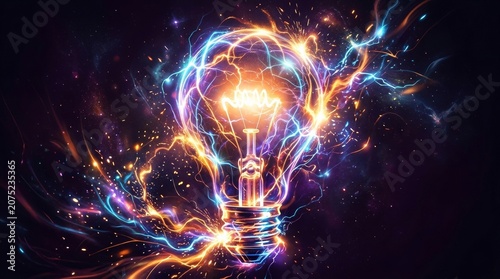 Glowing Light Bulb Exploding with Colorful Energy and Sparks