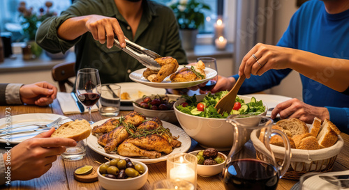 Person serving salad at rustic dinner table.