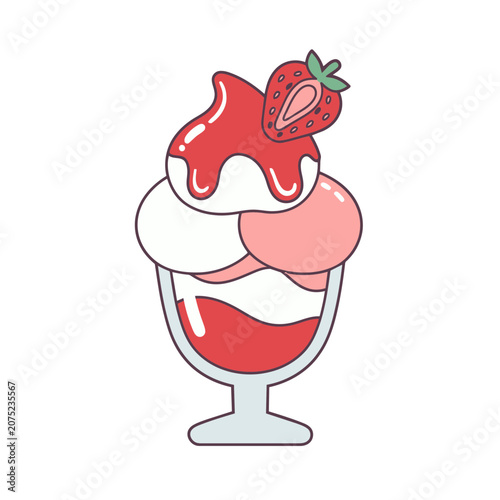 Strawberry Ice Cream Sundae Flat Vector Illustration