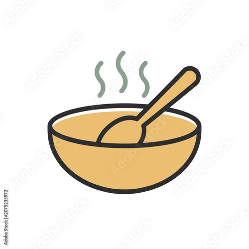 Flat vector illustration of a bowl of soup with steam and spoon