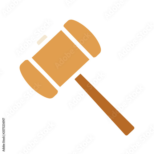 Wooden judge gavel with metal band flat vector icon