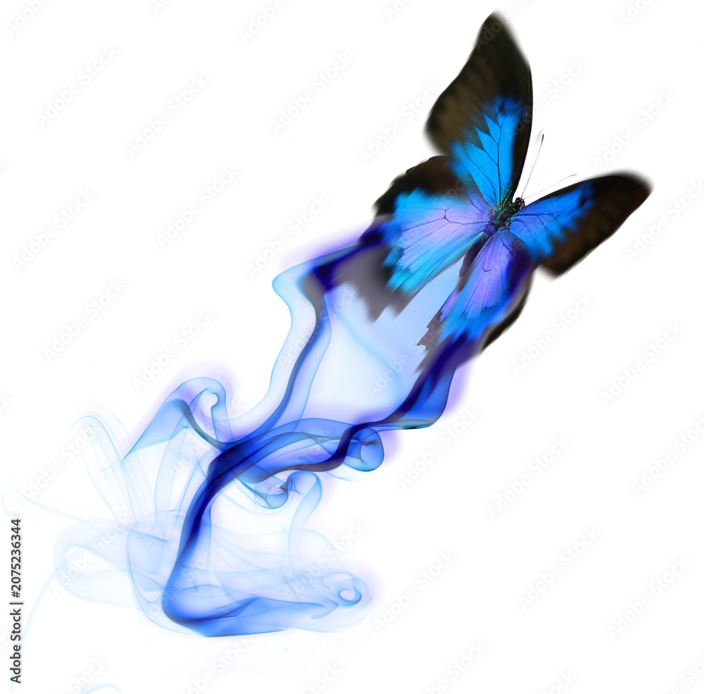 Obraz premium Abstract concept of a blue butterfly dissolving into smoke with butterfly abstract creative ethereal