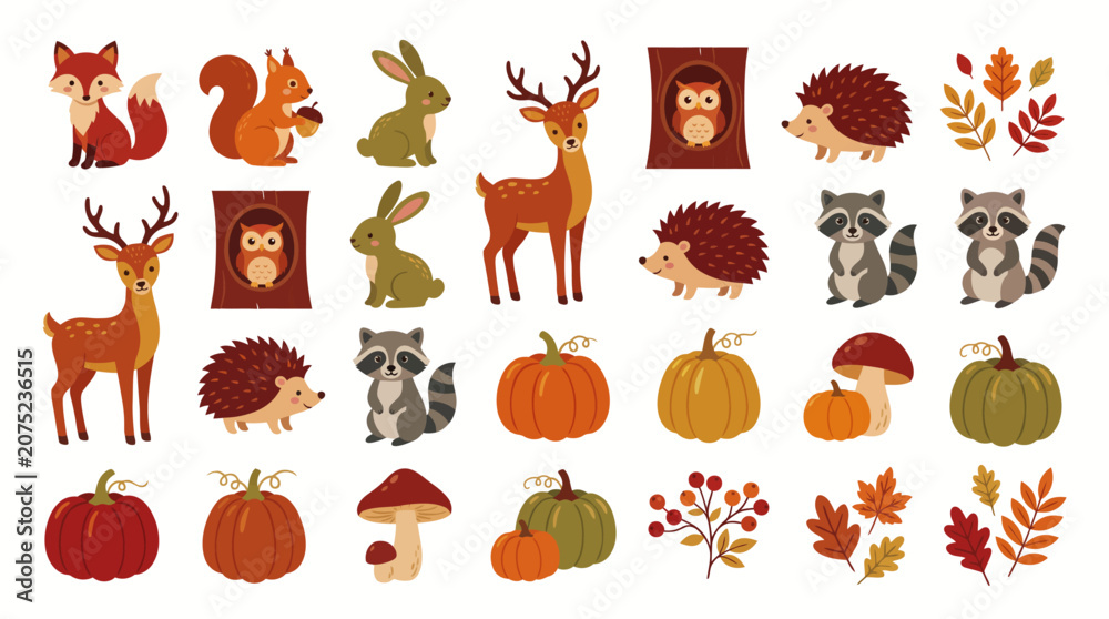 Obraz premium a collection of cute, hand-drawn vector graphics depicting woodland creatures and autumn elements.