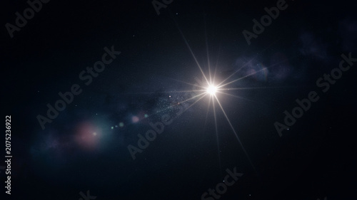 Bright Star in Night Sky with Milky Way and Cosmic Dust
