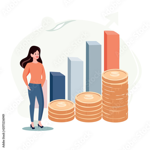 Woman with coins and bar chart illustration