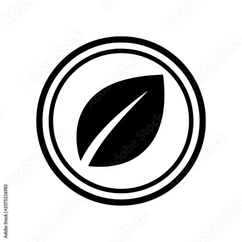 Fotografie Eco Certification icon featuring a leaf enclosed within a quality badge