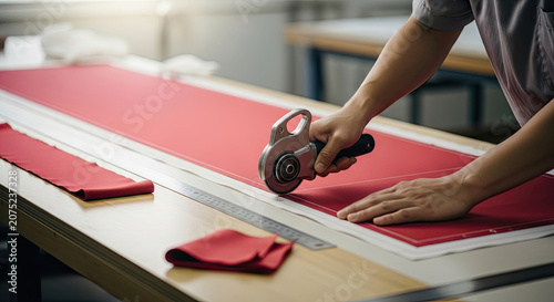 Person using rotary cutter to slice red fabric workshop.