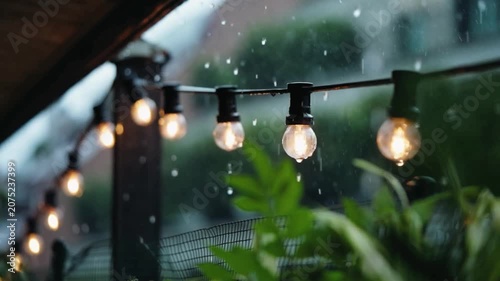 Warm string lights on a rainy day