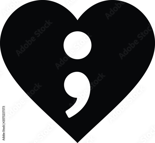 Semicolon Heart Icon Mental Health Awareness Black Silhouette Vector