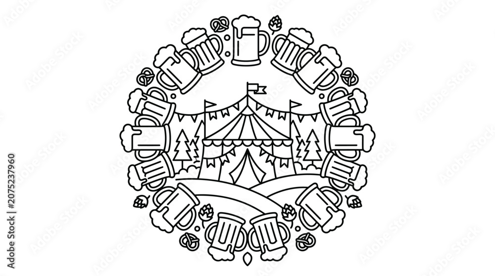 Fototapeta premium Oktoberfest Beer Festival Wreath Line Art Illustration