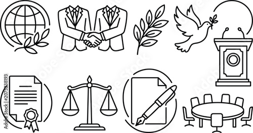 Schilderij op canvas Peace Diplomacy and Legal Agreement Icon Collection with Global Partnership Just